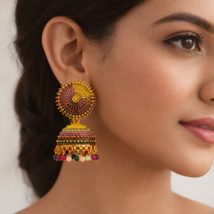 Traditional jhumka earrings adorned with multicoloured detailing