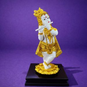 Lord Krishna Flute Idol White and Golden Finish Statue for Home Temple Decor