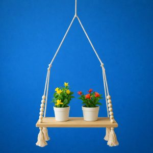 Wooden Hanging Shelf with Rope & Beads Decorative Wall Display Rack