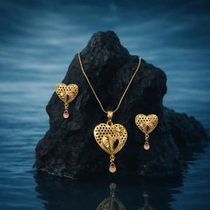 Heart Motif Gold Pendant and Earring Set Elegant Traditional Jewelry Set for Women