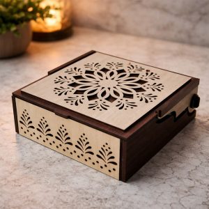 Elegant 4 Section Wooden Dry Fruit Storage Box with Laser Cut Designer Lid
