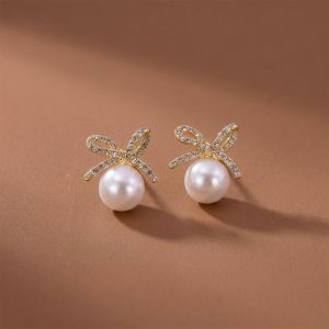 Elegant Pearl Bow Stud Earrings for Women And Girls