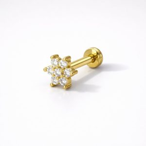 Gold Plated Crystal Flower Labret Flat Back AD Stud Earring Pack of 1 PCS