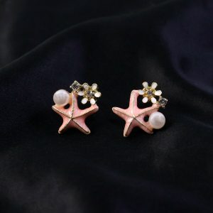 Elegant Pink Starfish Pearl Stud Earrings for Women For Girls