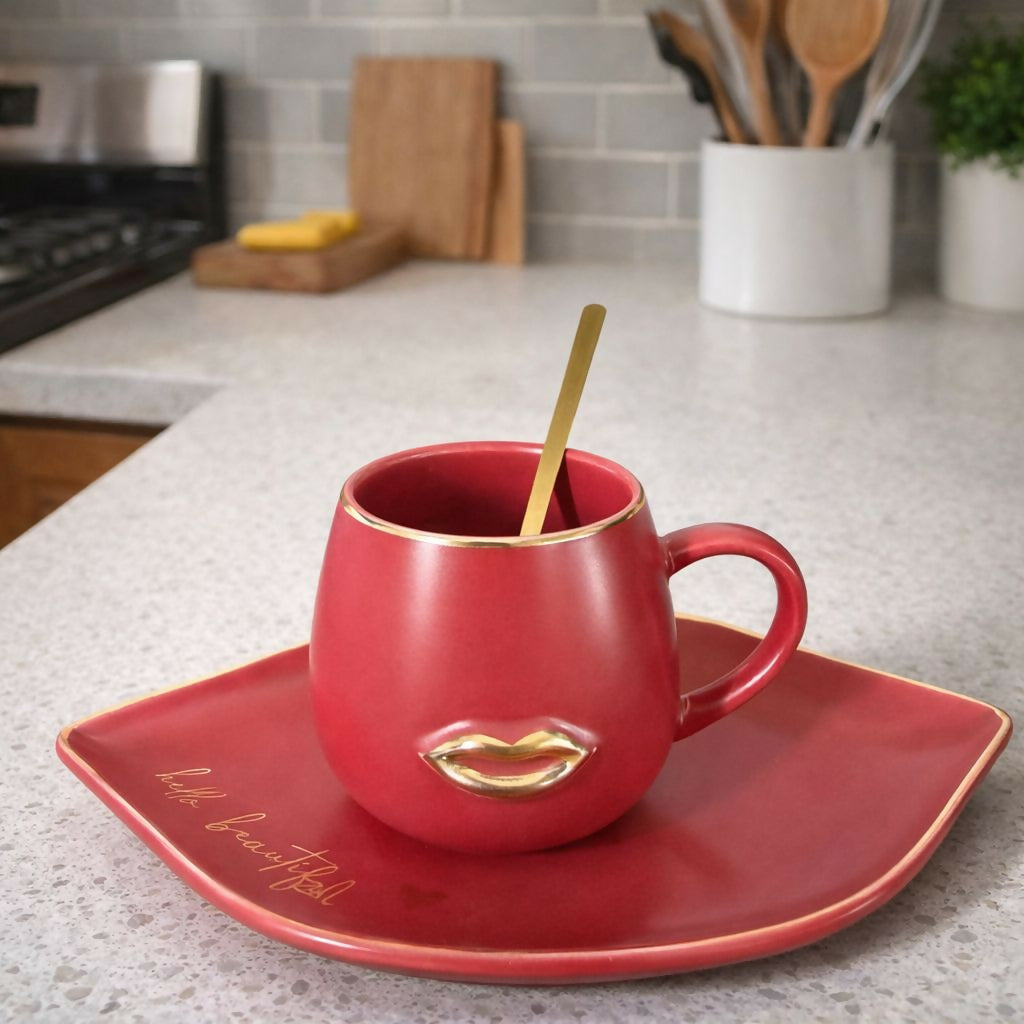 Red Ceramic Coffee Mug with Tray & Spoon Lip Design Cup Set