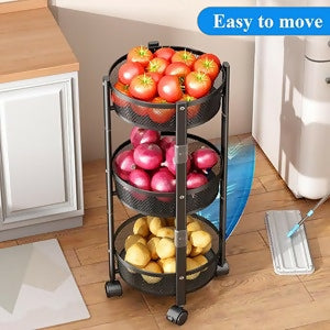 Collapsible 3-Tier Kitchen Trolley with Wheels | Foldable Metal Mesh Storage Rack | Heavy-Duty Vegetable & Fruit Basket Stand | Multipurpose Utility Cart for Home & Office