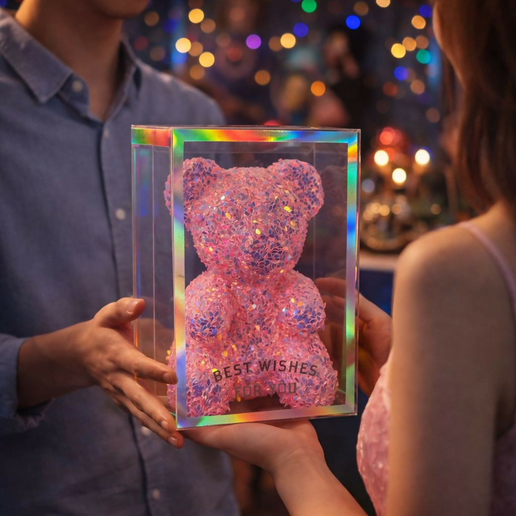 Pink Glitter Teddy Bear Showpiece with Gift Display Box Decor