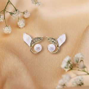 Korean Style Pearl Leaf Stud Earrings for Women & Girls | Elegant Gold Plated Designer Fashion Jewellery