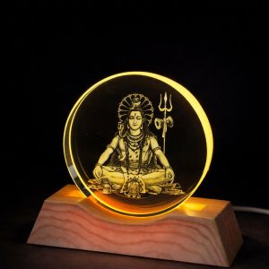 Meditating Shiv Engraved Acrylic LED Night Lamp with Wooden Base for Home Decor