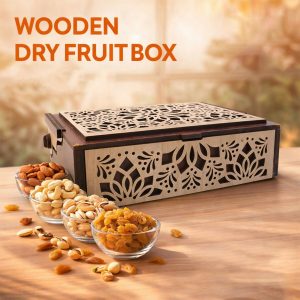 Premium 4 Compartment Wooden Dry Fruit Box with Decorative Laser Cut Lid