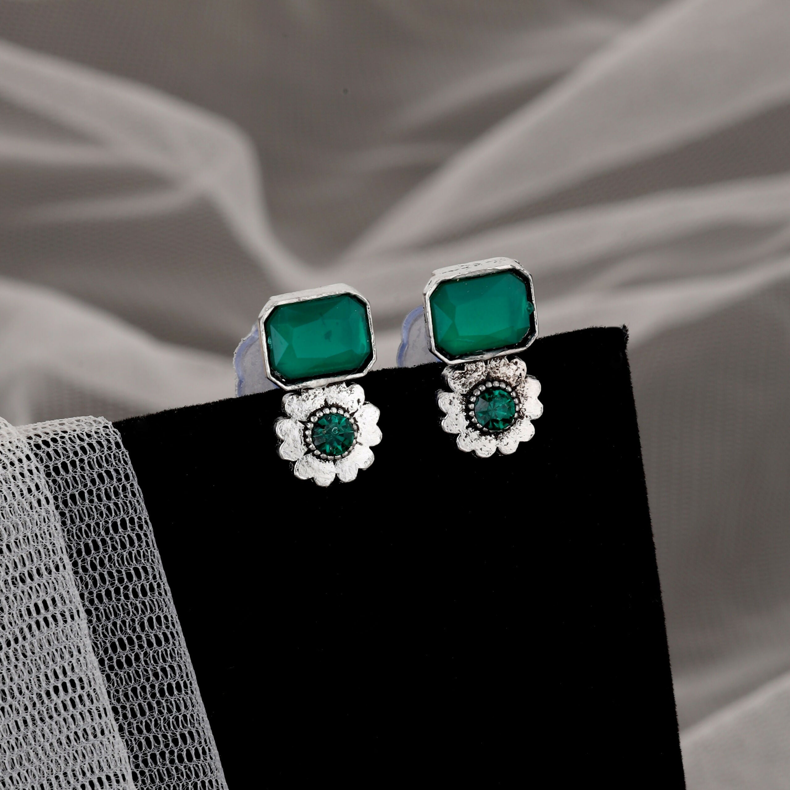 Bohemian Oxidized Silver Choker Set with Emerald Green Stones