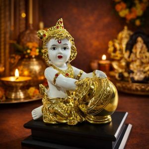 Bal Krishna Idol with Butter Pot Golden Showpiece for Home Temple Décor