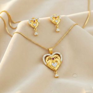 Gold-plated Heart Pendant and Earrings Set with Ruby and Cubic Zirconia