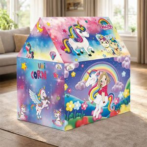 Unicorn Theme Foldable Kids Play Tent House with Colorful Fantasy Print for Indoor & Outdoor Play
