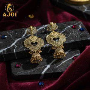 Premium Antique Heart Jhumka Earrings with Traditional Gold-Tone Detailing