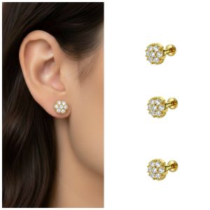 Gold plated Cluster Flower Flat Back AD Stud Earrings Combo Pack of 3 PCS