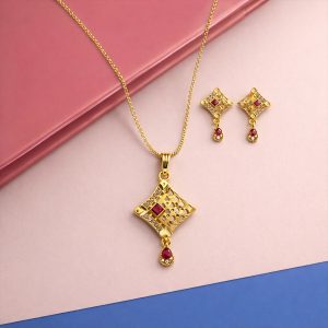 Cutwork Square Gold Pendant and Earring Set Elegant Traditional Jewelry Set