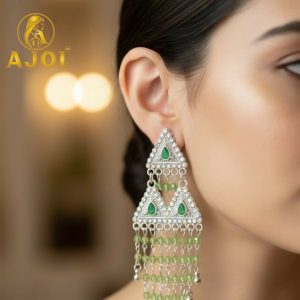 Royal Emerald Drop Silver Statement Earrings with Elegant Beaded Tassels