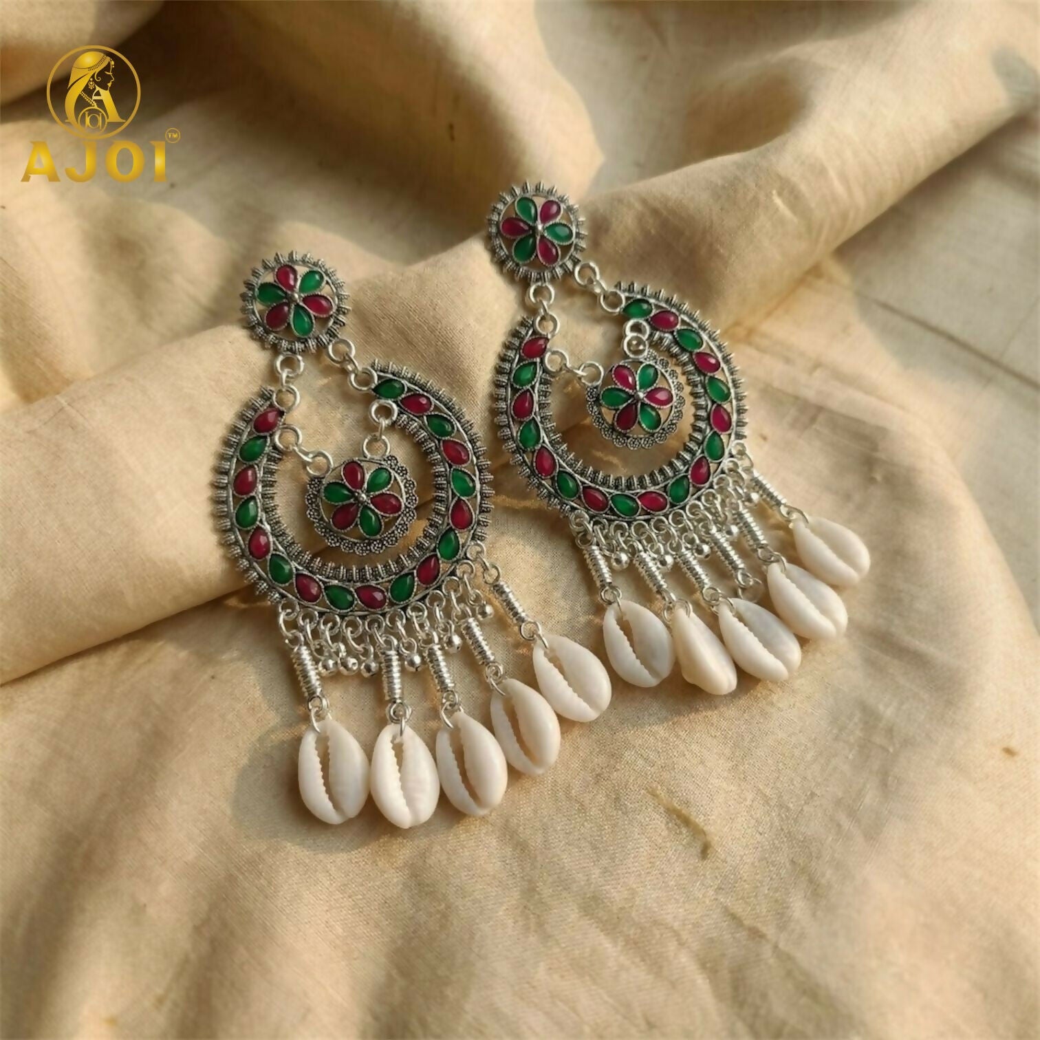 Classic Antique Silver Chandbali with Floral Enamel Work & Cowrie Shell Dangles | Traditional Wedding Statement Earrings.