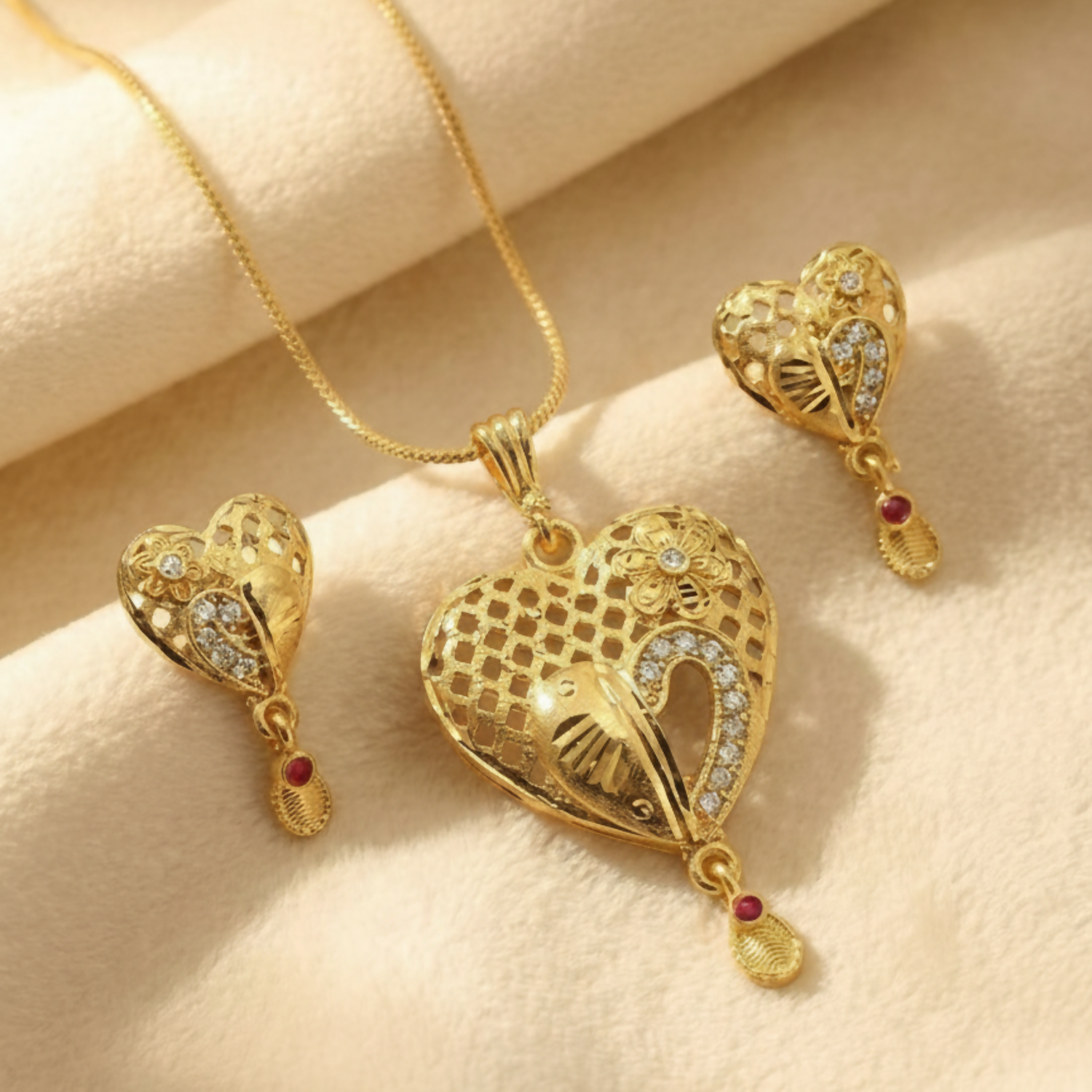 Heart Motif Gold Pendant and Earring Set Elegant Traditional Jewelry Set for Women - Image 9