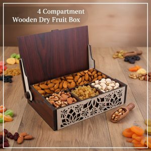 Premium 4 Compartment Wooden Dry Fruit Box with Decorative Laser Cut Lid