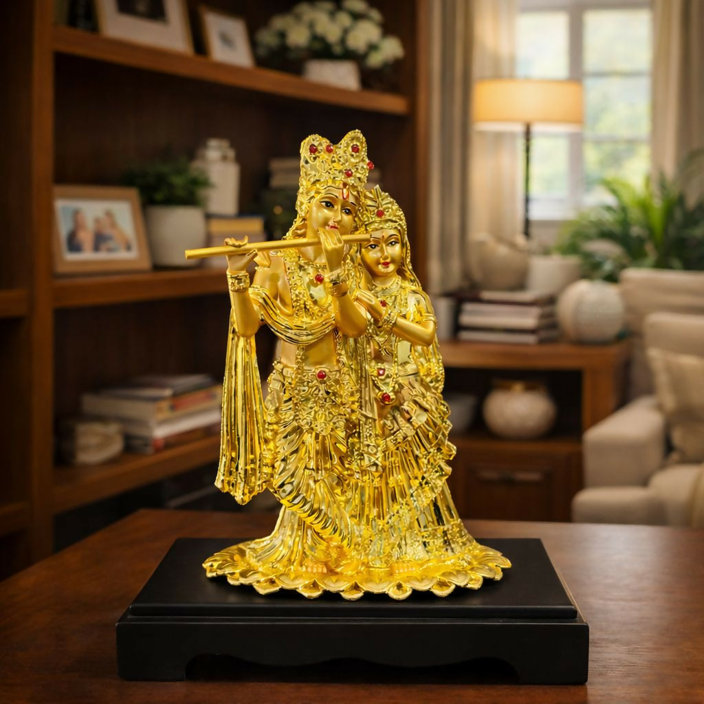 Radha Krishna Golden Idol Flute Statue for Home Temple Decor - Image 2