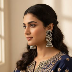 German Silver Jhumka Earrings with Black Monalisa Stones