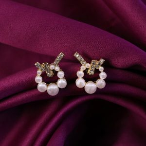 Korean Geometric Crystal Cross & Pearl Wreath Studs For Girls And Women