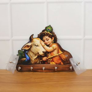 Baby Krishna with Cow Wooden Wall Key Holder – 5 Hooks Organizer