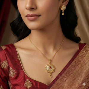 Floral Disc Gold Pendant and Earring Set Elegant Traditional Jewelry for Women