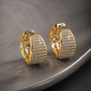 Luxury Crystal-Studded Gold Hoop Earrings – Wide Huggie Style Sparkling