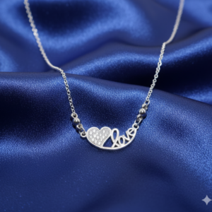 Silver Tone AD Pave Heart & Script 'Love' Pendant Necklace For women and girls