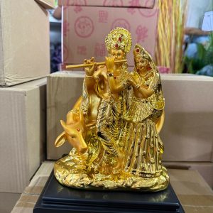 Radha Krishna with Cow Golden Finish Idol Statue for Home Temple Decor