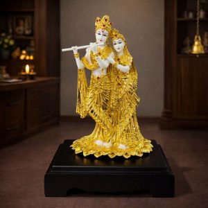 Radha Krishna Idol White and Golden Finish Statue for Home Temple Decor
