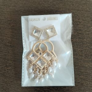 Elegant Geometric Kundan Chandelier Earrings with Teardrop Pearl Clusters