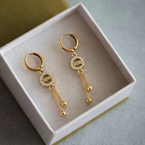Romantic “LOVE” Charm Tassel Drop Earrings in Gold Finish