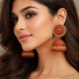 TRADITIONAL ELEGANT OXIDISED JHUMKA EARINGS IN RED COLOUR