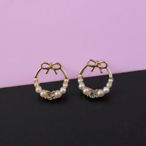 Elegant Bow Pearl Hoop Earrings for Women | Gold Plated Crystal Stud Hoops | Cute Korean Style Fashion Jewelry