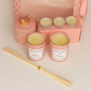 Luxury Peony Fragrance Gift Set with Scented Candle, Reed Diffuser & Tealights
