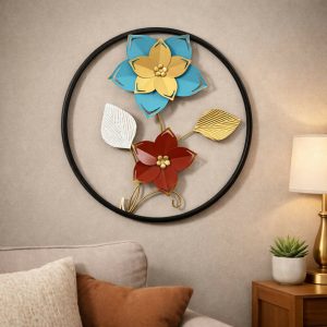 Colorful Metal Floral Wall Art Round Frame Decorative Wall Hanging