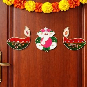 Acrylic Meenakari Diya Ganesh Shubh Labh Door Hanging – Set of 3