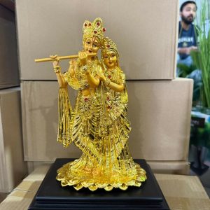 Radha Krishna Golden Idol Flute Statue for Home Temple Decor