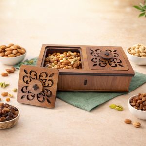 Premium 2 Compartment Wooden Dry Fruit Box with Carved Lid