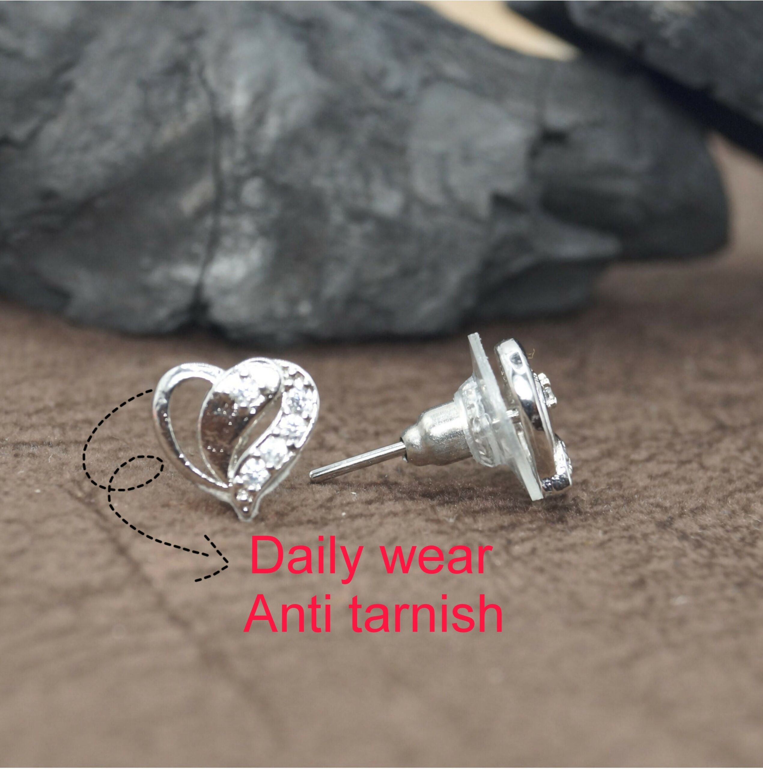 Sterling Silver Heart Stud Earrings with AD for women and girls - Image 2
