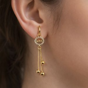 Romantic “LOVE” Charm Tassel Drop Earrings in Gold Finish