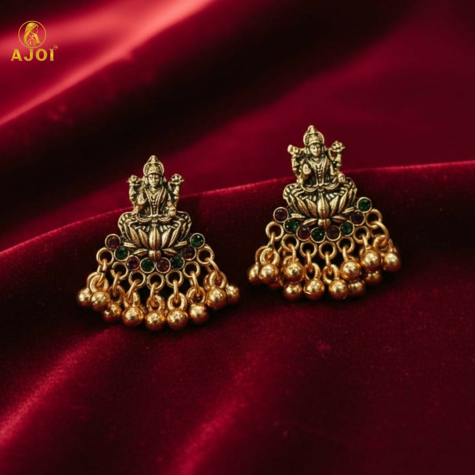 Divine Lakshmi Idol Antique Gold Mini Jhumka Earrings with Multicolor Stone Detailing