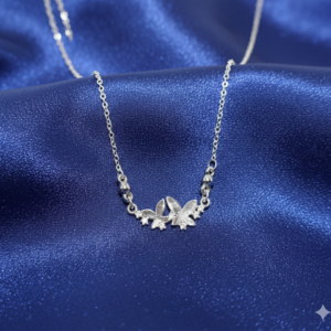 Silver Tone AD Pave Double Butterfly Bar Pendant Necklace