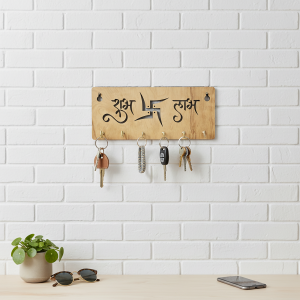 Shubh Labh Wooden Key Holder for Wall| Vastu Swastik Design Key Stand | Decorative Key Hanger for Home Entrance & Office