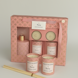 Luxury Peony Fragrance Gift Set with Scented Candle, Reed Diffuser & Tealights