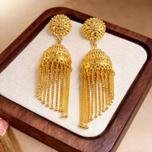 Traditional Gold Tone Jhumka Earrings with Red Bead Tassel Design For Woman And Girl